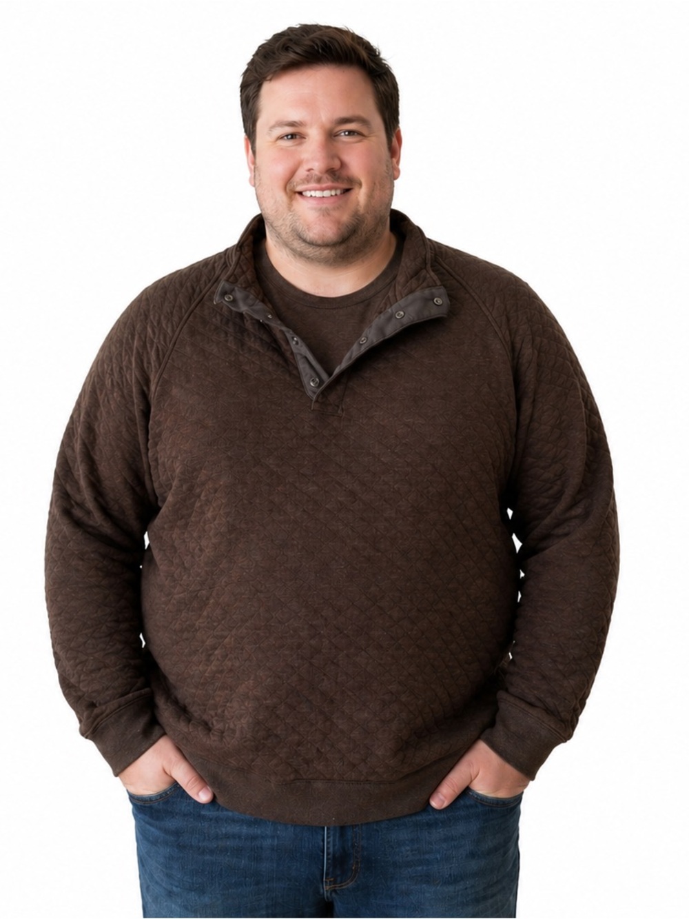 Eddie Bauer Brown Quilted Snap-Button Crewneck Sweater